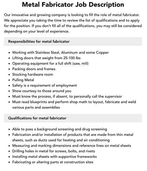 metal fabricator physical job requirements checklist|steel fabricator salary.